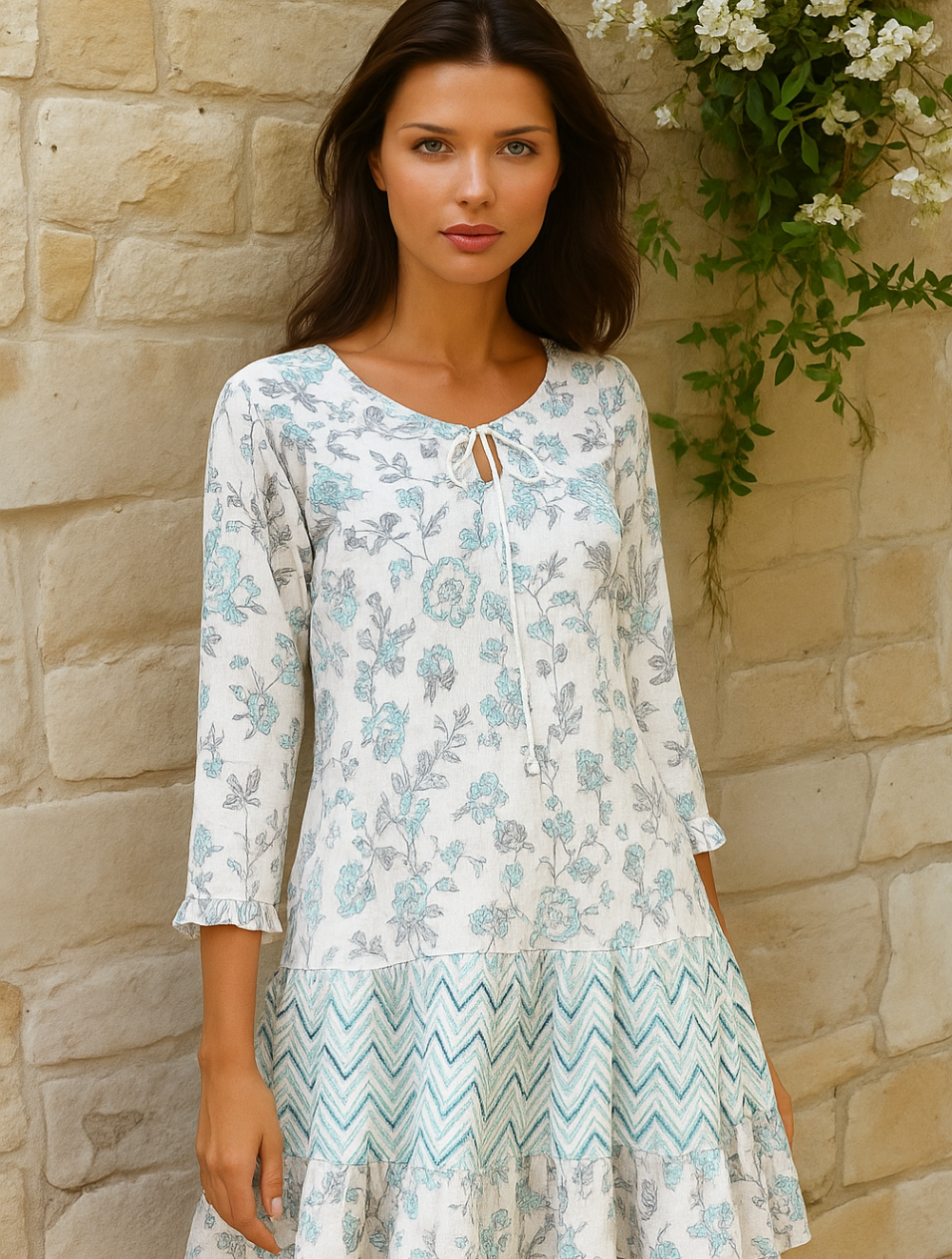 Women's Pure Cotton Floral & Chevron Printed Tier Dress