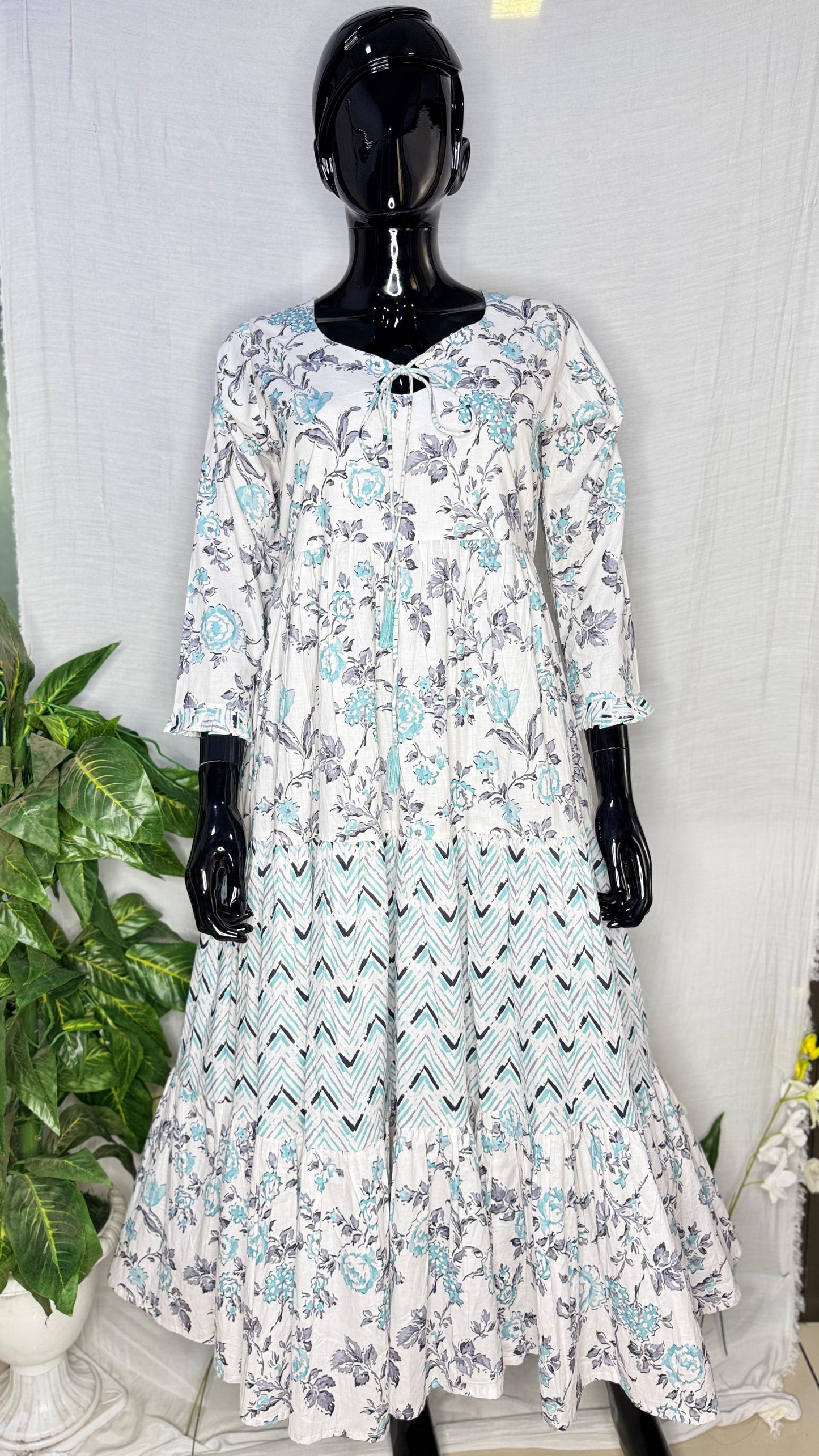 Women's Pure Cotton Floral & Chevron Printed Tier Dress