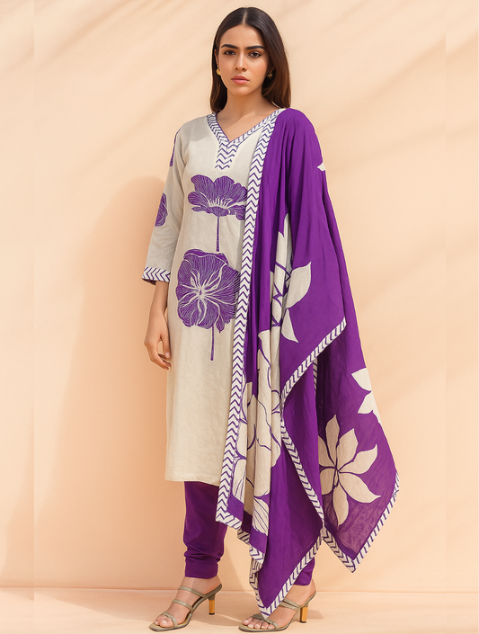 Elegant Purple & Off-White Floral Cotton Salwar Suit Set