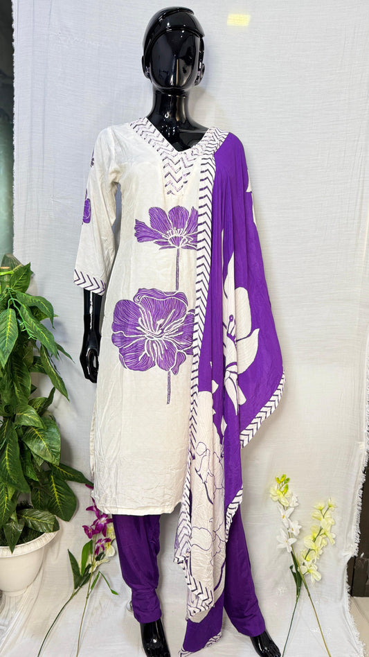 Elegant Purple & Off-White Floral Cotton Salwar Suit Set